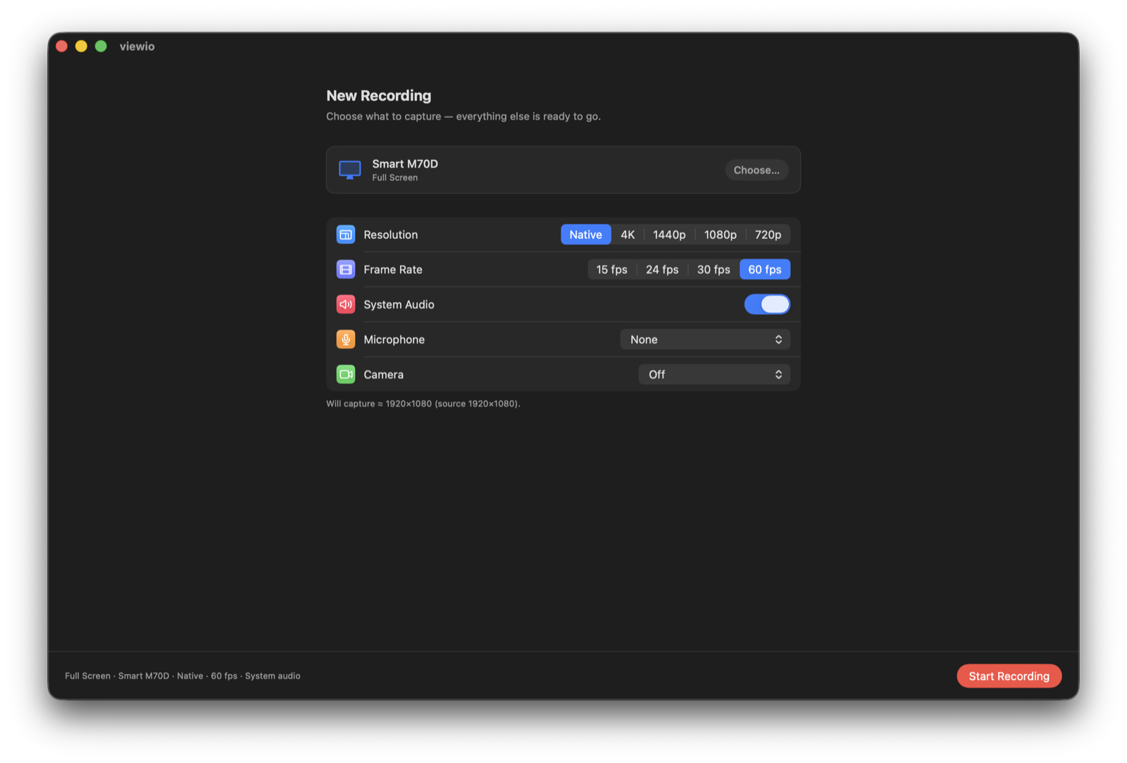 viewio New Recording window with resolution, frame rate, system audio, microphone, and camera options